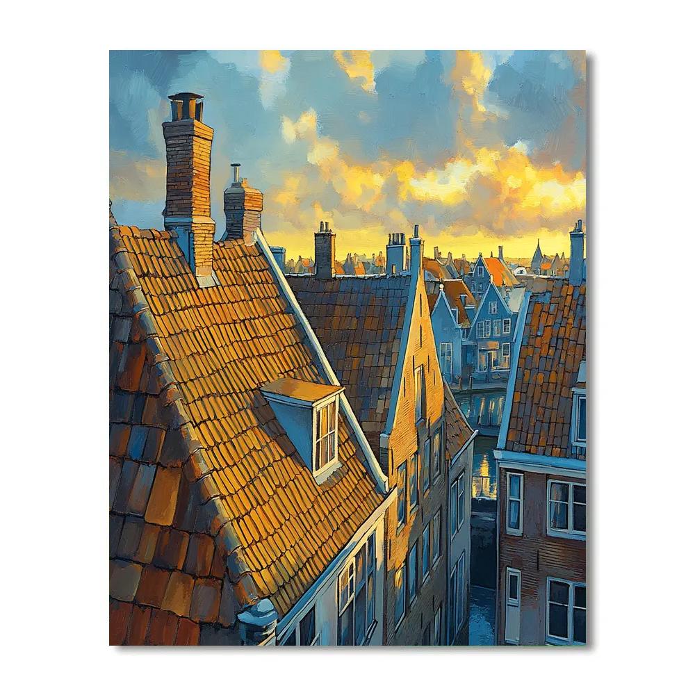 Johannes Vermeer Inspired Gabled Rooftops In Golden Light painting number kit