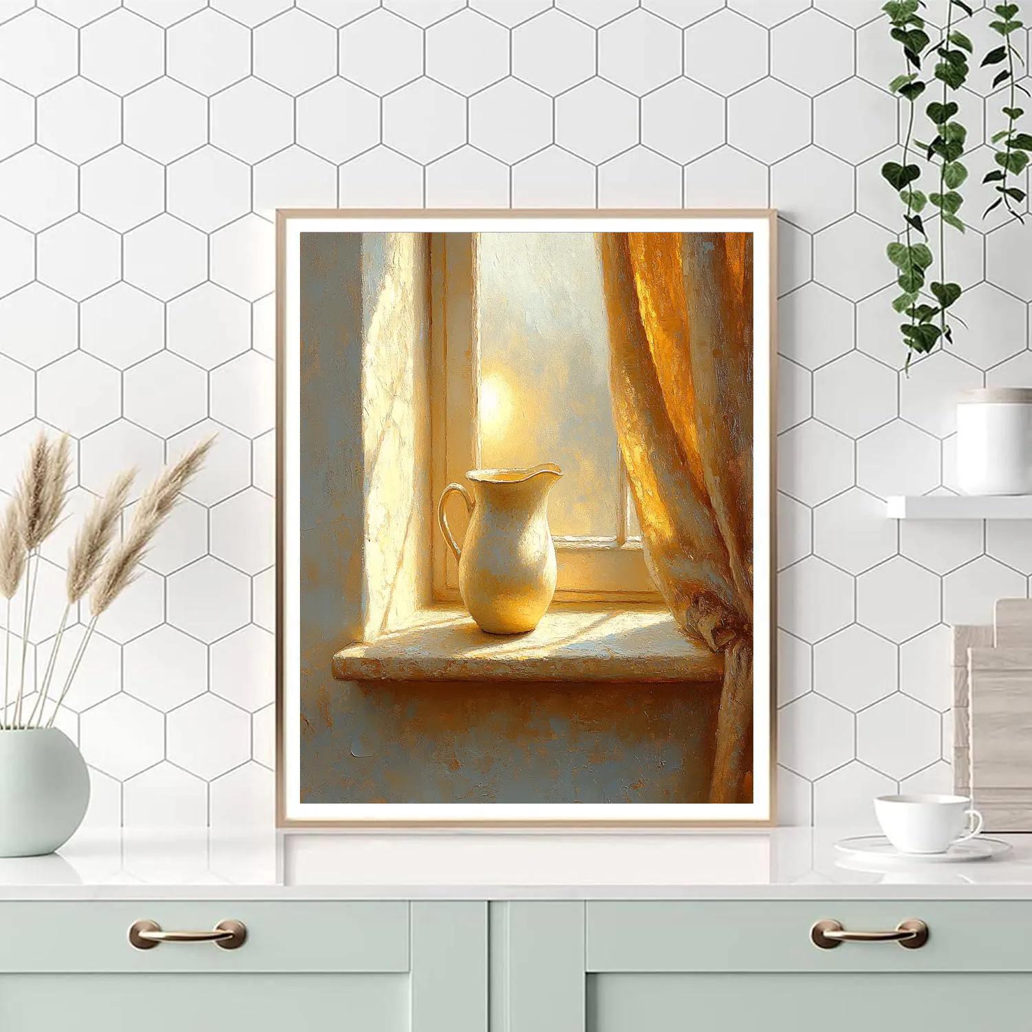 Johannes Vermeer Inspired Golden Light On Window Ledge With Ceramic Jug Numbered painting kits