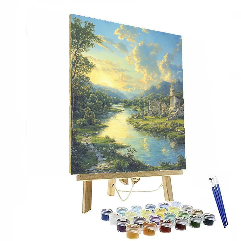 Raphael Inspired Serene River With Classical Ruins Number painting