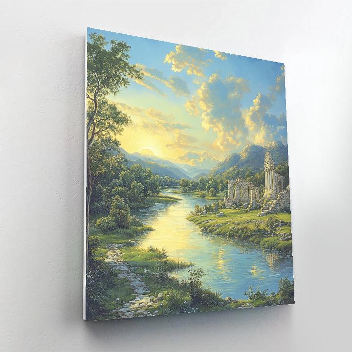 Raphael Inspired Serene River With Classical Ruins Number painting