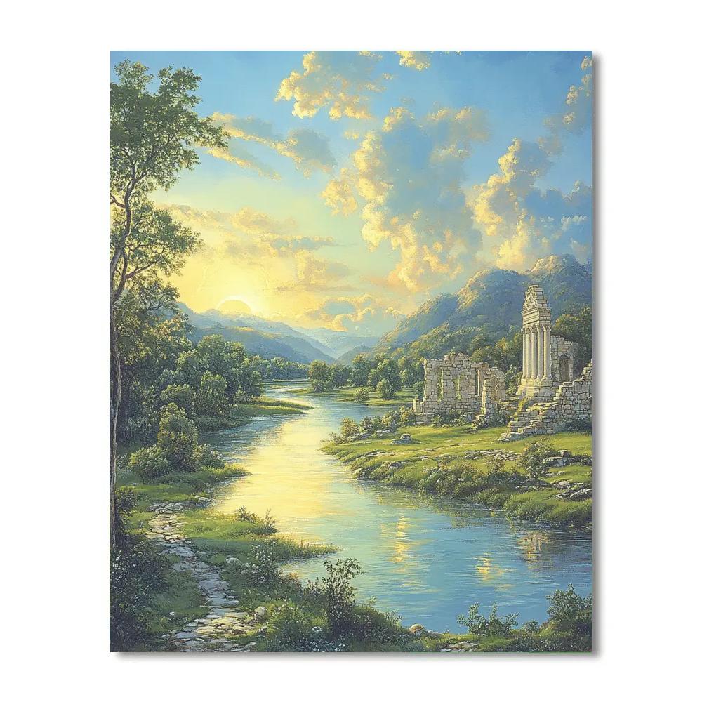 Raphael Inspired Serene River With Classical Ruins Number painting