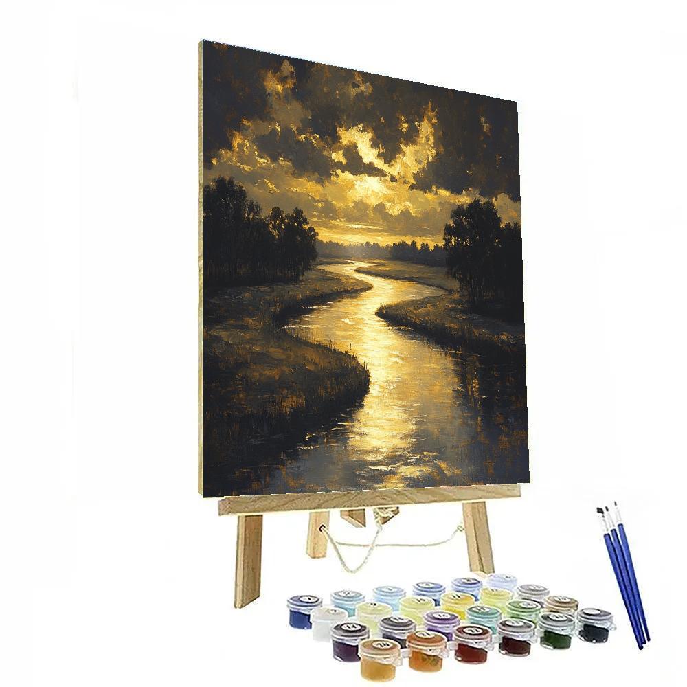 Rembrandt Inspired Sunlit River Bend With Shadowed Trees paint by number