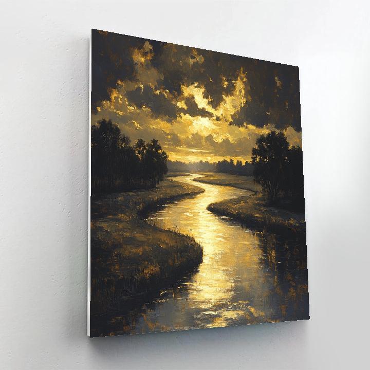 Rembrandt Inspired Sunlit River Bend With Shadowed Trees paint by number