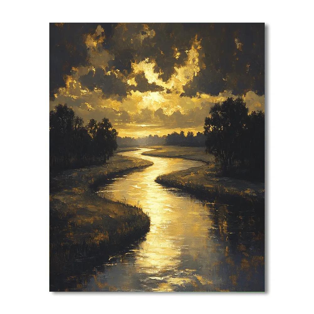 Rembrandt Inspired Sunlit River Bend With Shadowed Trees paint by number