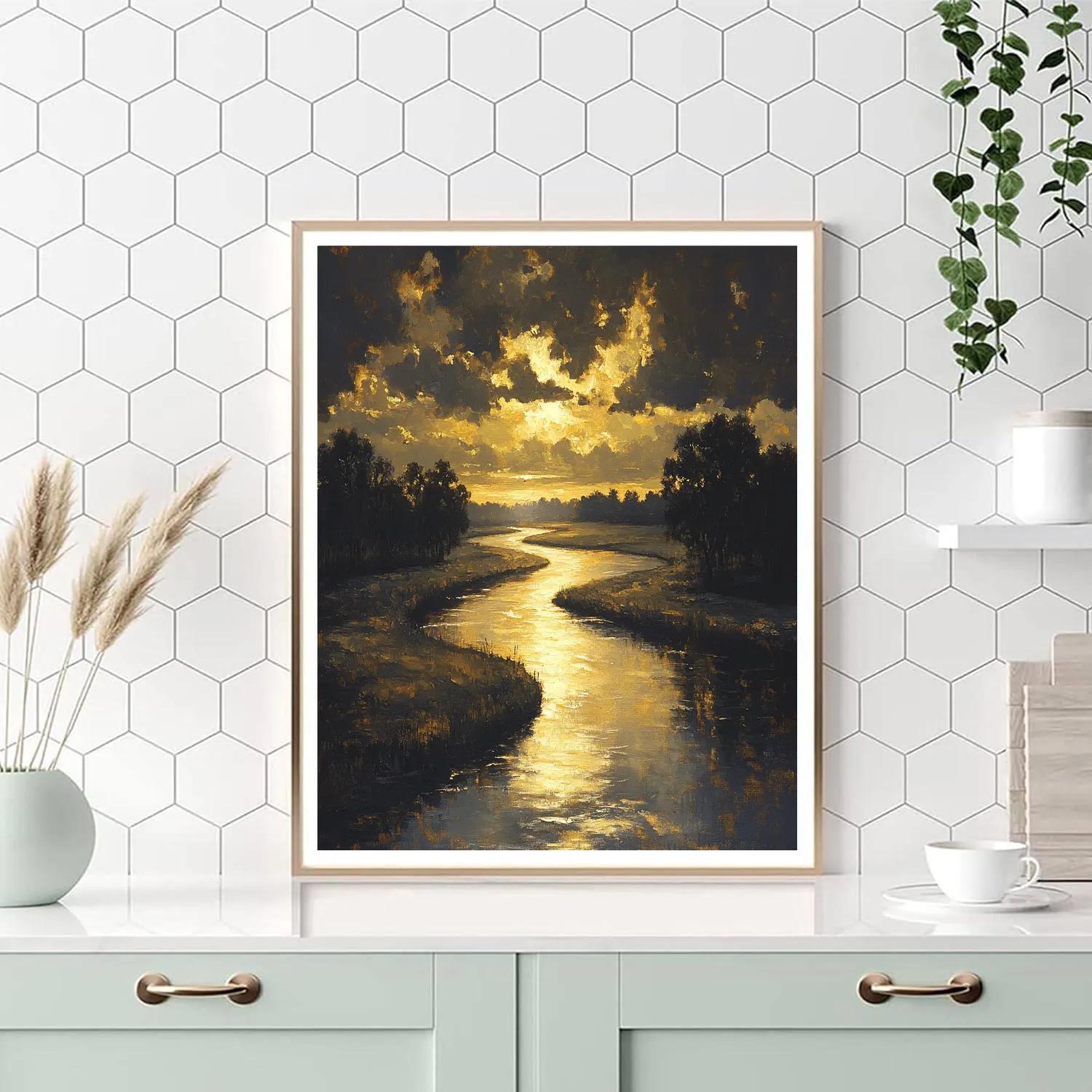Rembrandt Inspired Sunlit River Bend With Shadowed Trees paint by number