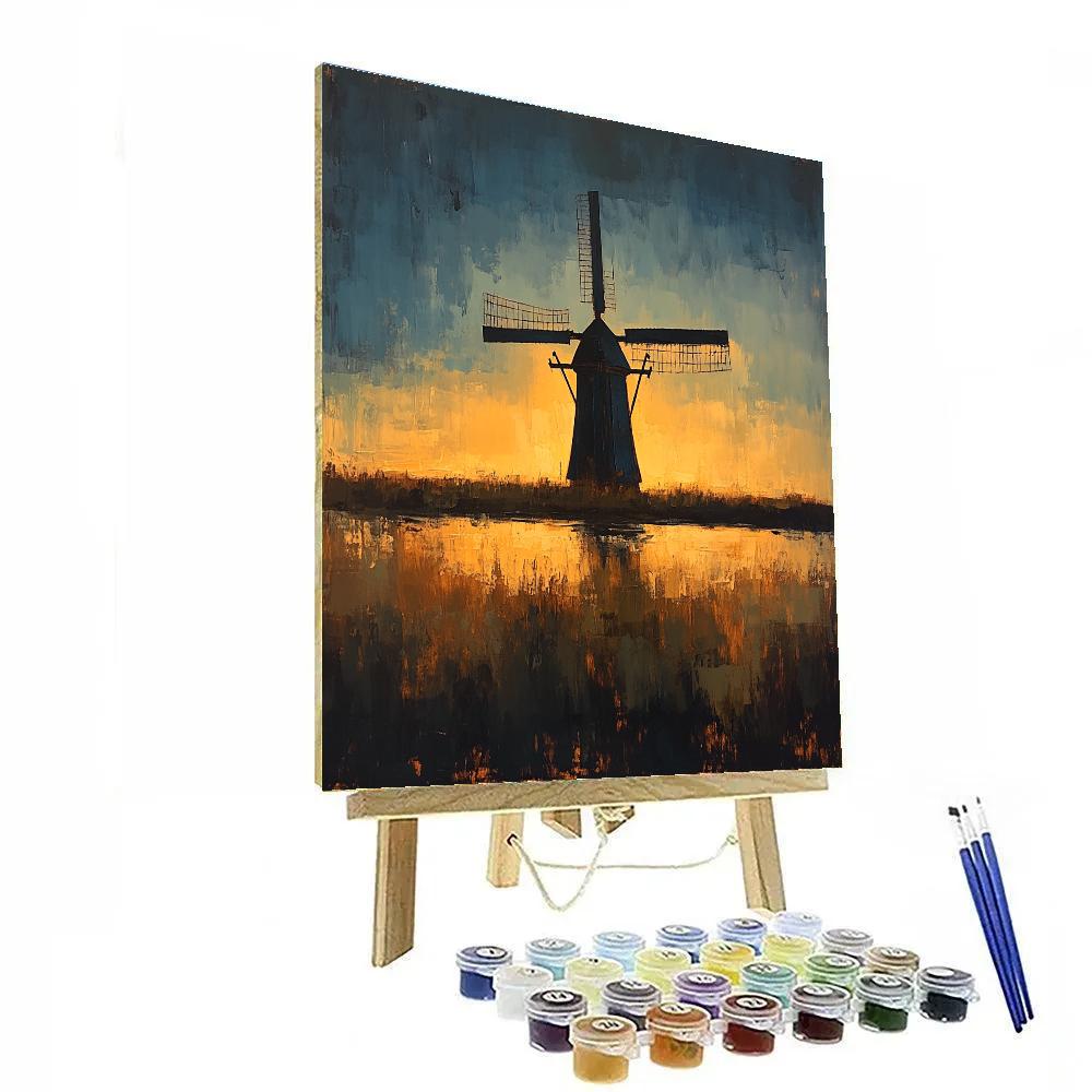 Rembrandt Inspired Windmill Silhouetted Against Glowing Horizon Numbered painting kits
