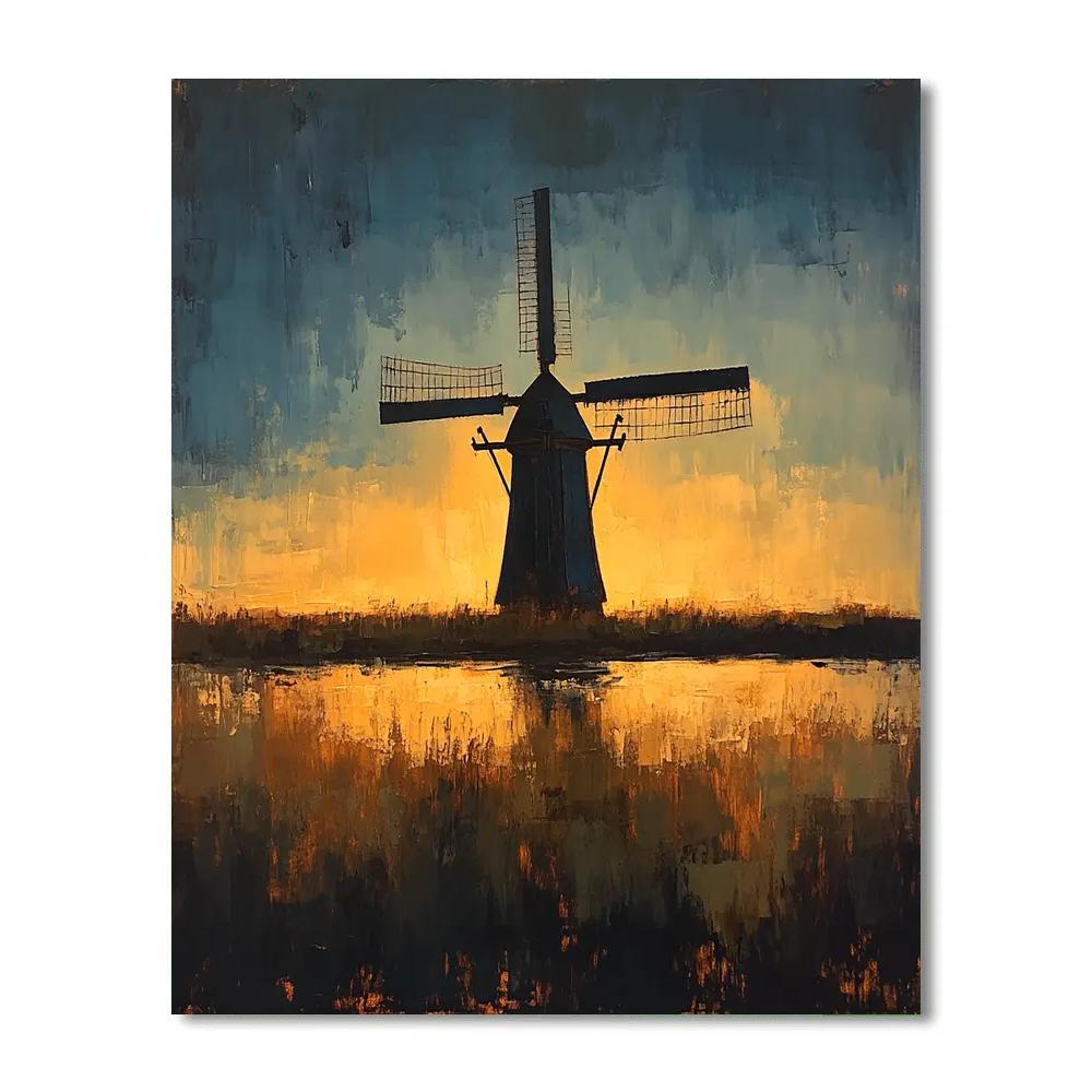 Rembrandt Inspired Windmill Silhouetted Against Glowing Horizon Numbered painting kits