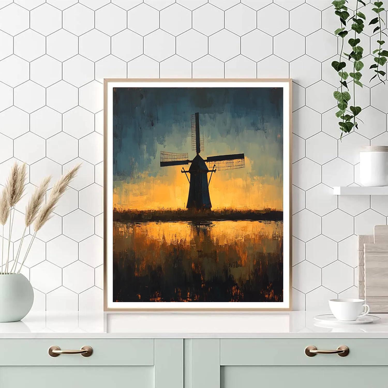 Rembrandt Inspired Windmill Silhouetted Against Glowing Horizon Numbered painting kits
