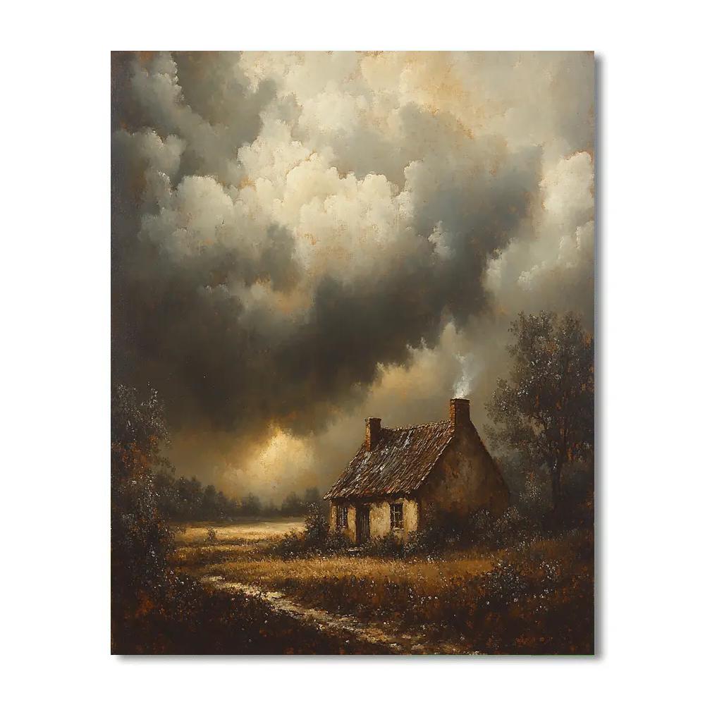 Rembrandt Inspired Storm Clouds Gathering Over Rustic Cottage painting number kit