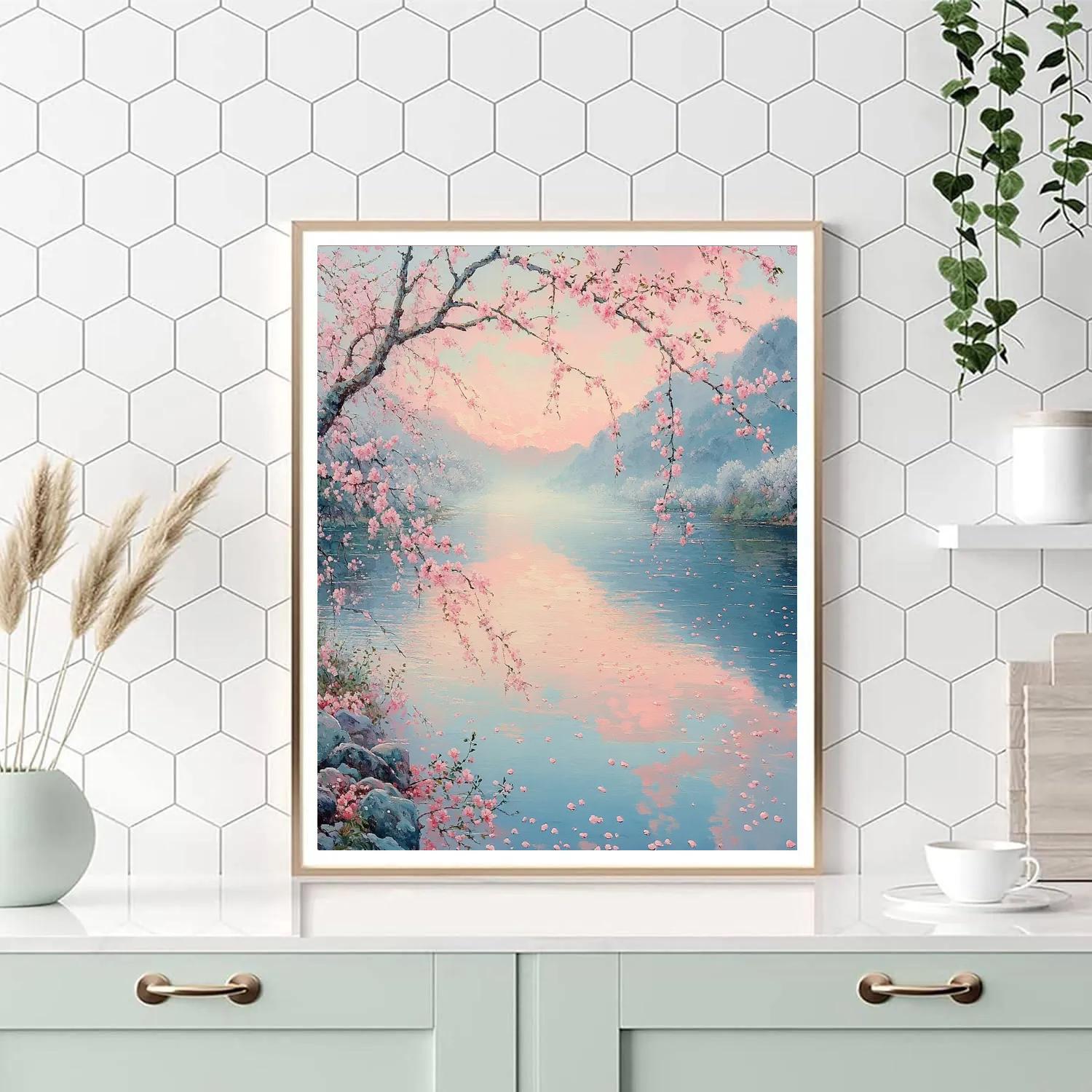 Hiroshige Inspired Cherry Blossom River Mist Painting by numbers kit
