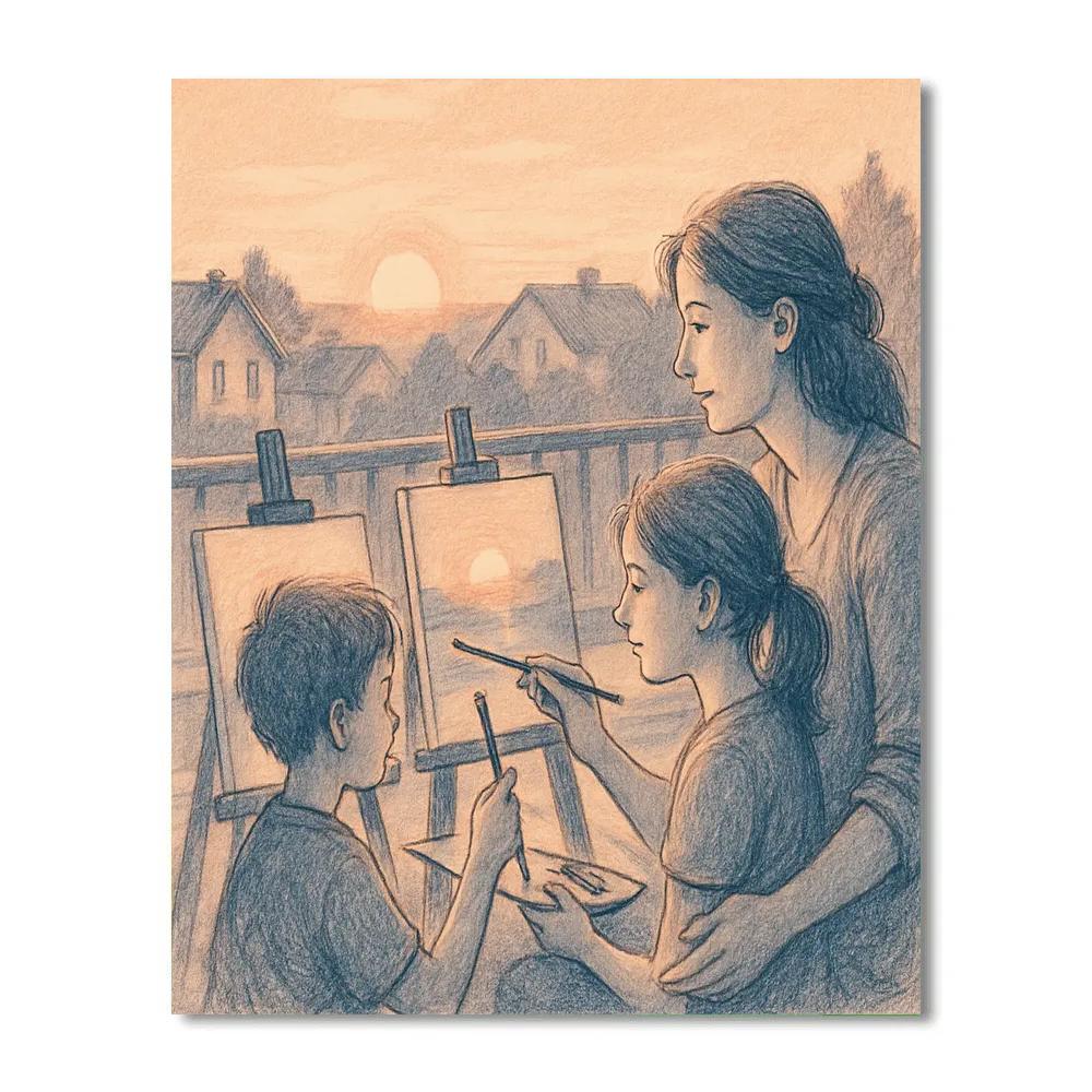 Sibling Rooftop Sunset Sketch Numbered painting kits