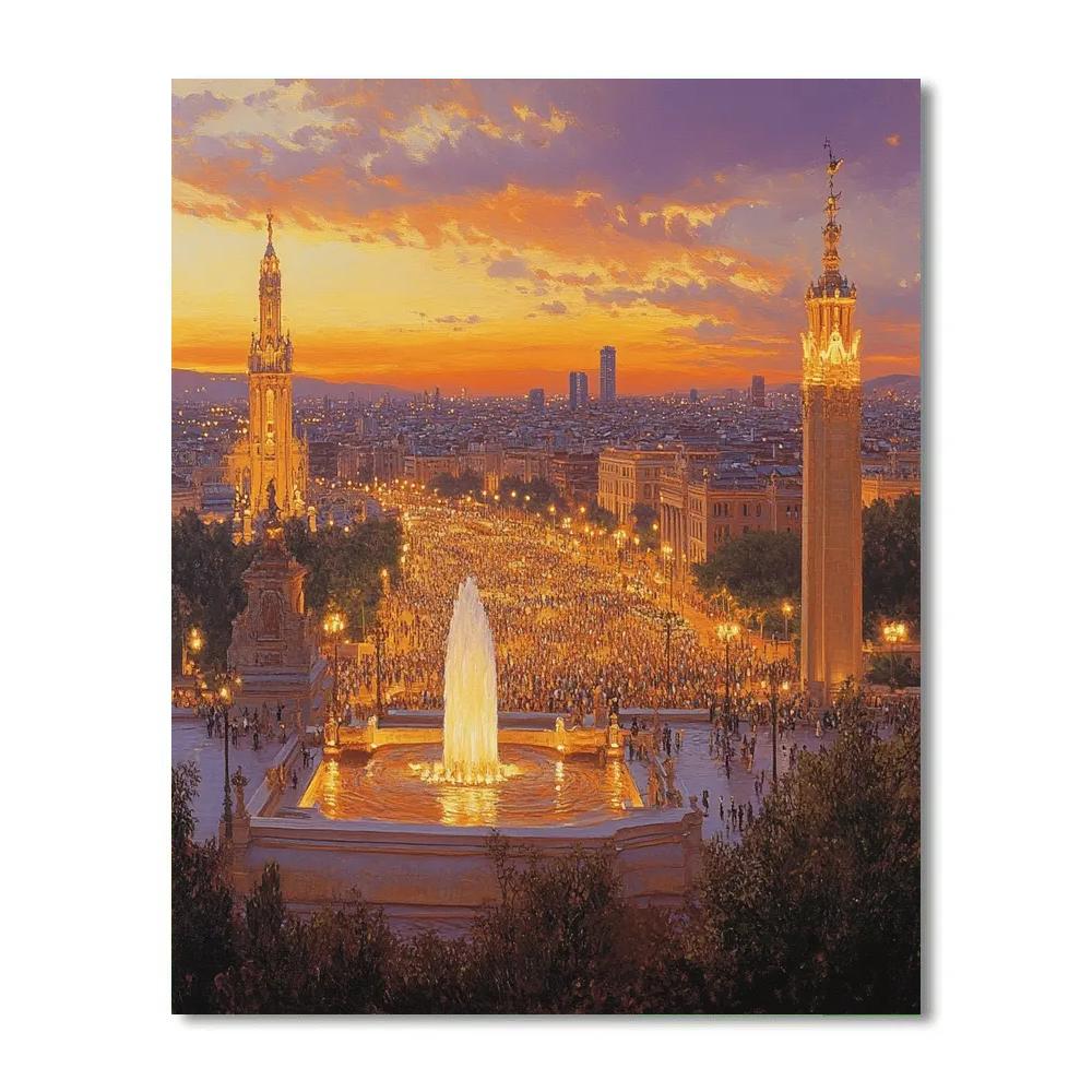 Sunset View From Montjuic Hill Plaza Espanya Barcelona Spain DIY paint by numbers