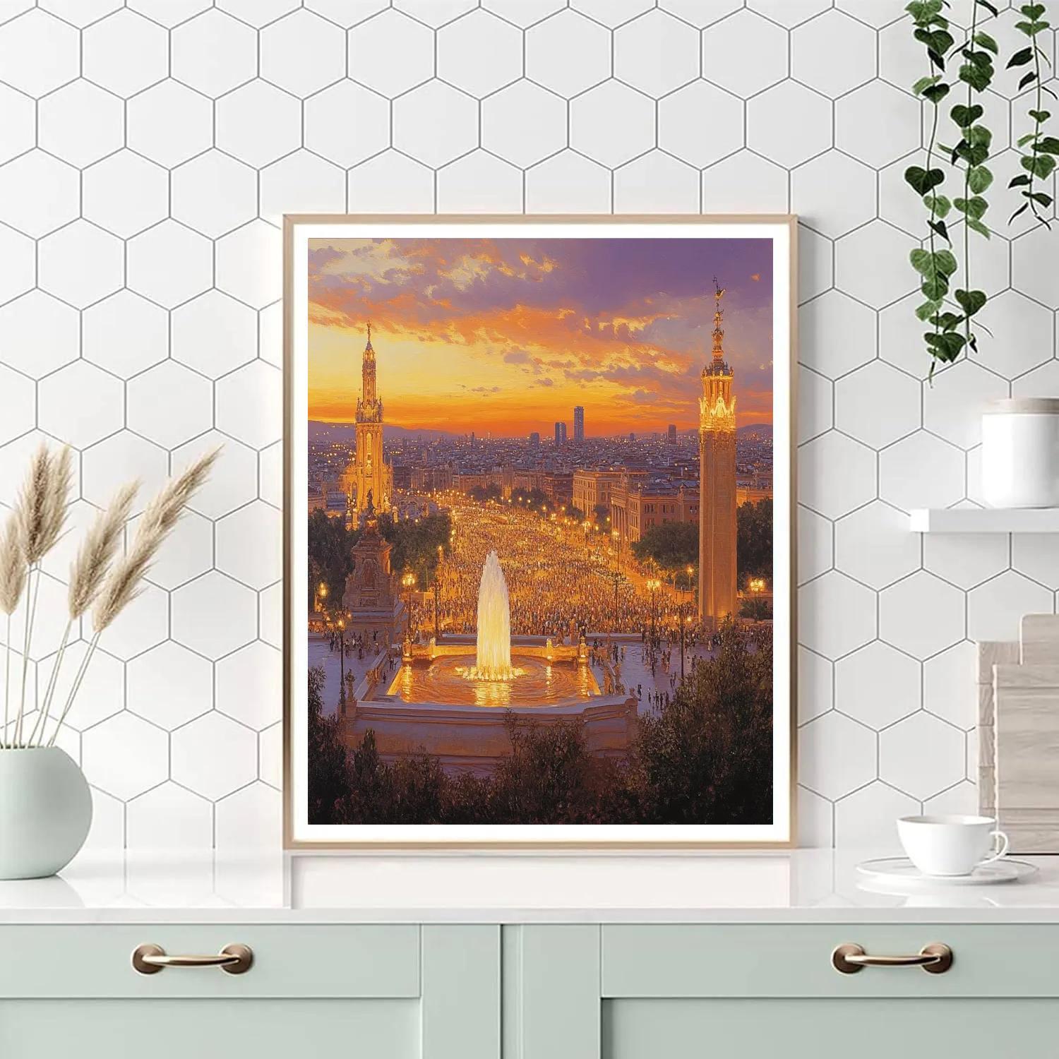 Sunset View From Montjuic Hill Plaza Espanya Barcelona Spain DIY paint by numbers