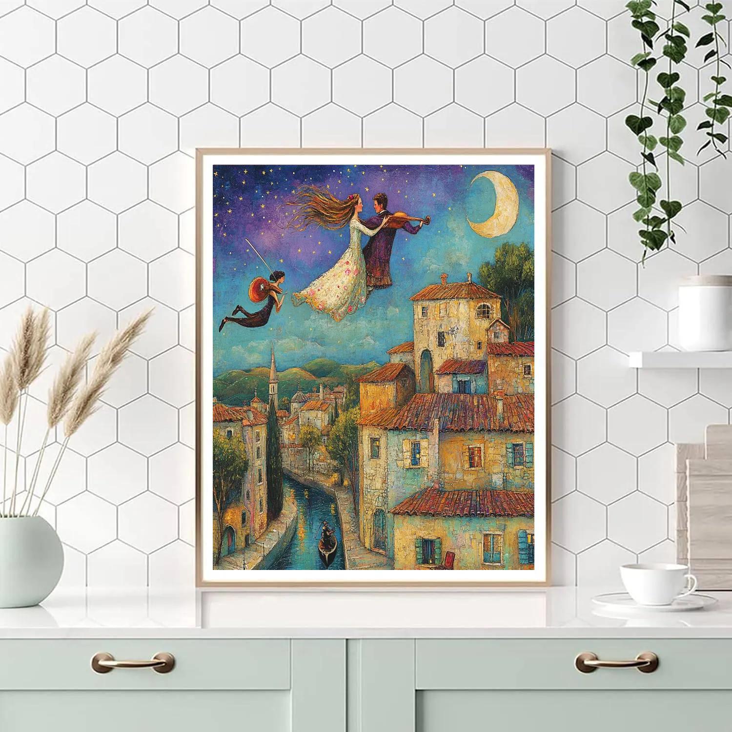 Chagall Inspired Lovers Over City paint by numbers