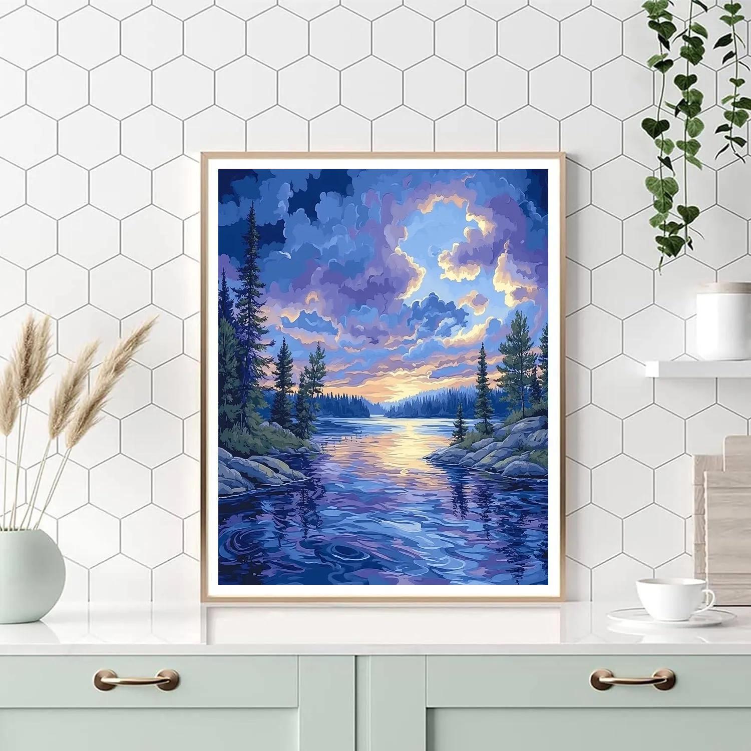 J E H MacDonald Inspired Twilight Over Serene Northern Lake DIY paint by numbers