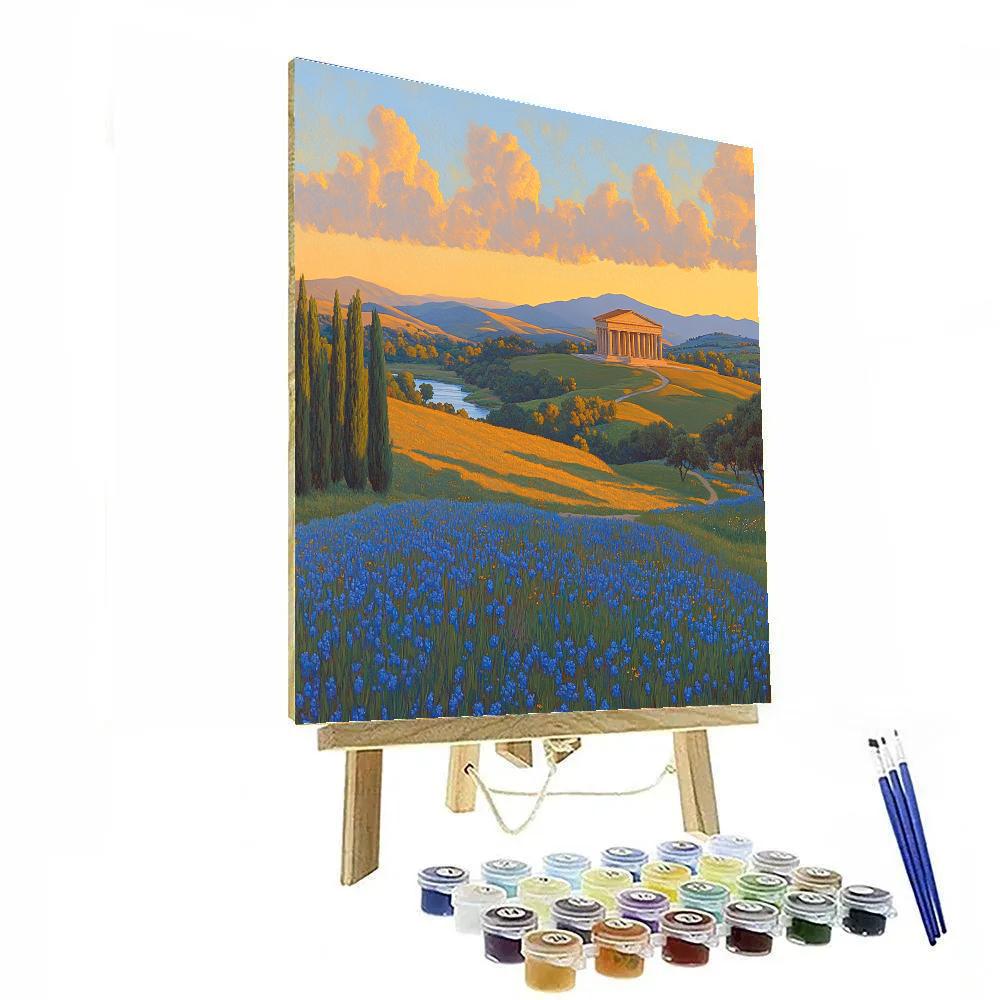Raphael Inspired Serene Rolling Hills With Distant Temple paint by color