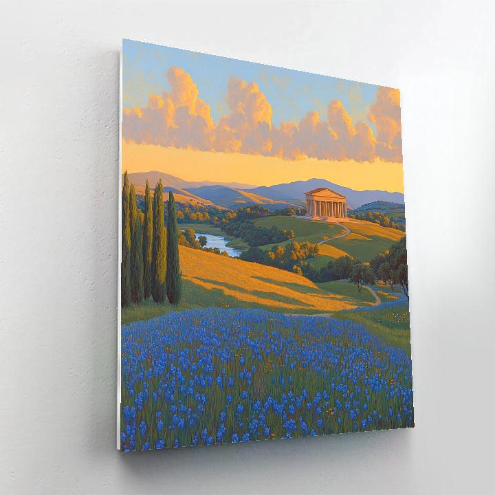 Raphael Inspired Serene Rolling Hills With Distant Temple paint by color