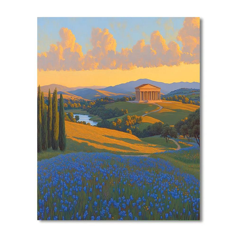 Raphael Inspired Serene Rolling Hills With Distant Temple paint by color