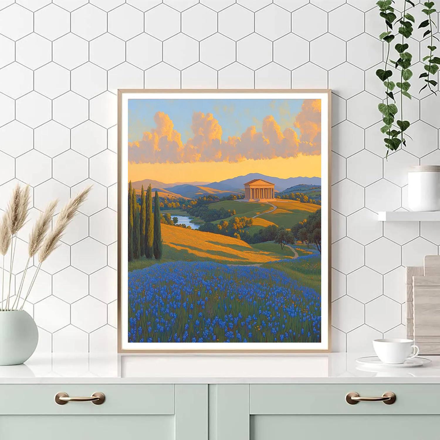 Raphael Inspired Serene Rolling Hills With Distant Temple paint by color