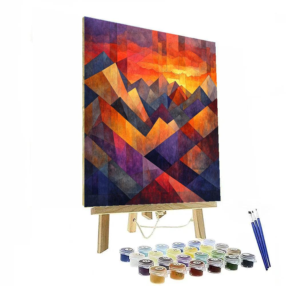 Pablo Picasso Inspired Cubist Sunset Over Fragmented Mountains paint by color