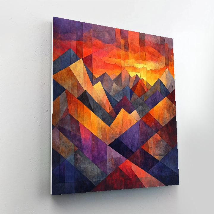 Pablo Picasso Inspired Cubist Sunset Over Fragmented Mountains paint by color