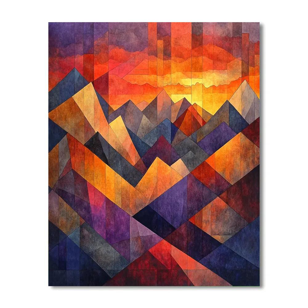 Pablo Picasso Inspired Cubist Sunset Over Fragmented Mountains paint by color