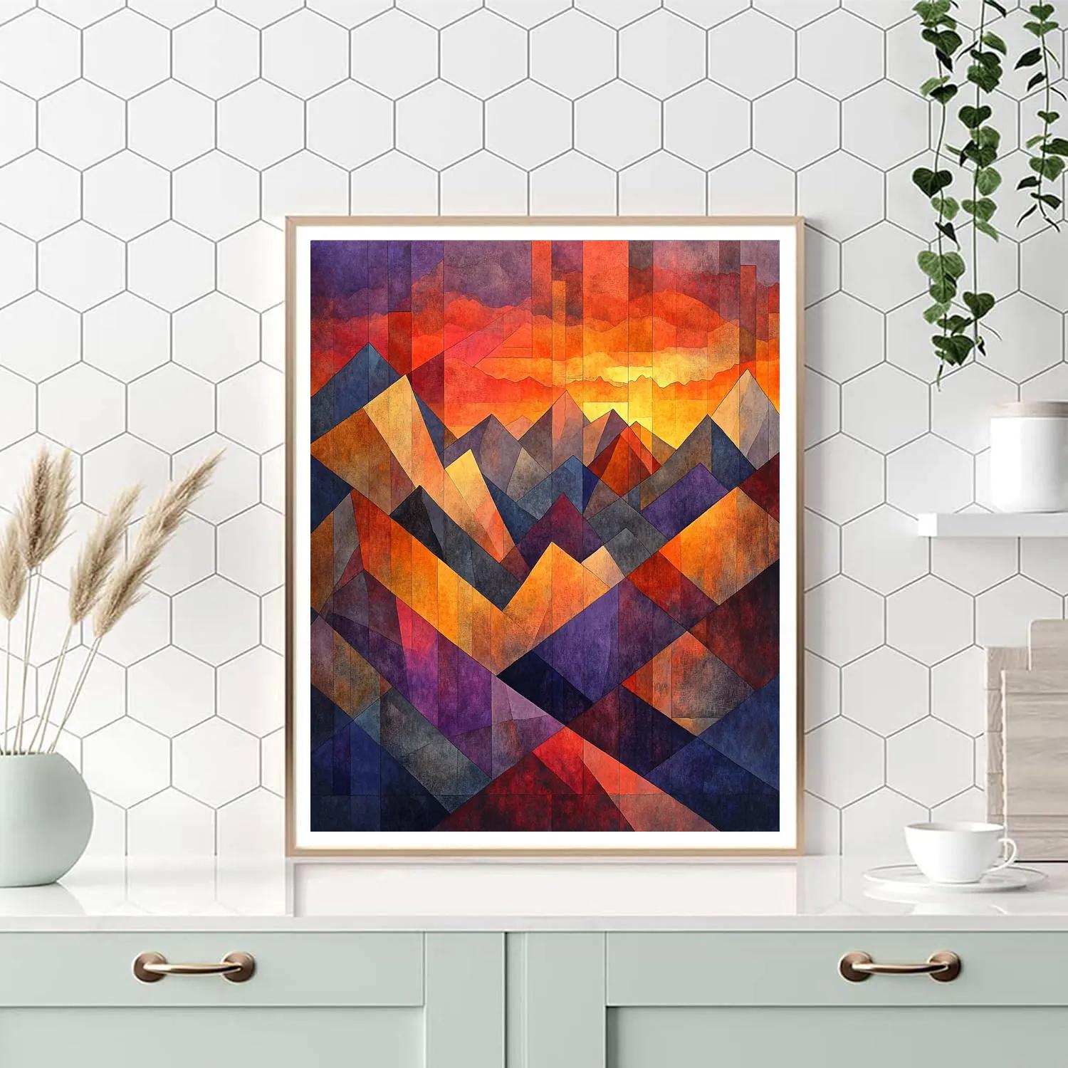 Pablo Picasso Inspired Cubist Sunset Over Fragmented Mountains paint by color