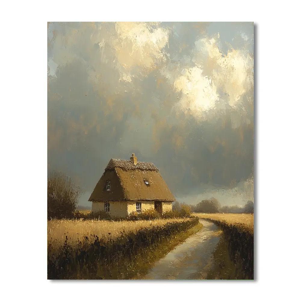 Rembrandt Inspired Thatched Cottage Under Brooding Sky Paint by numbers art