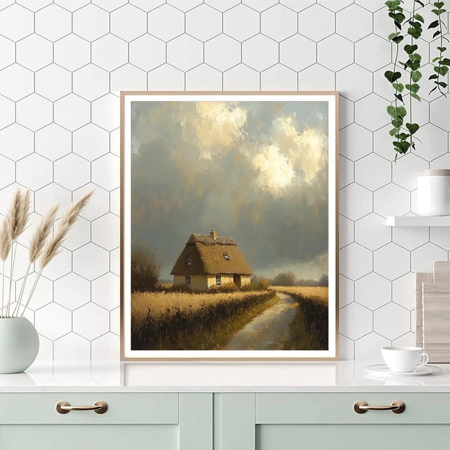 Rembrandt Inspired Thatched Cottage Under Brooding Sky Paint by numbers art