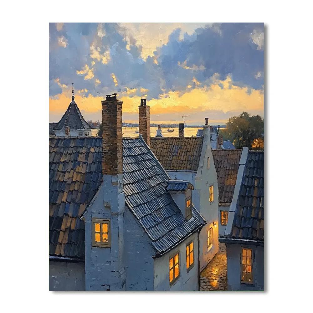 Johannes Vermeer Inspired Gabled Rooftops At Dusk Paint by numbers art