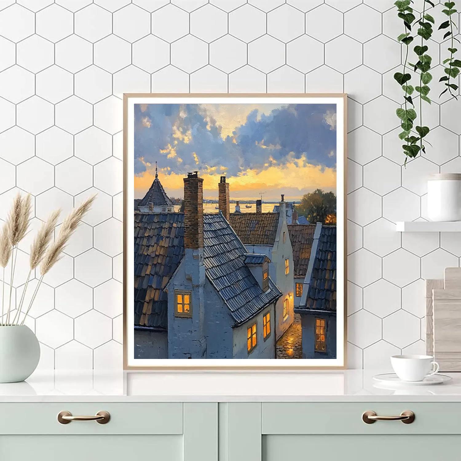 Johannes Vermeer Inspired Gabled Rooftops At Dusk Paint by numbers art