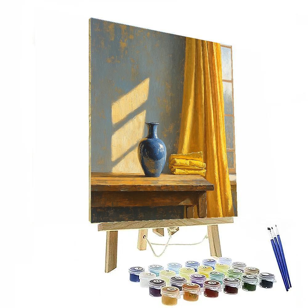 Johannes Vermeer Inspired Still Life With Blue Delft Vase And Yellow Curtains paint by number