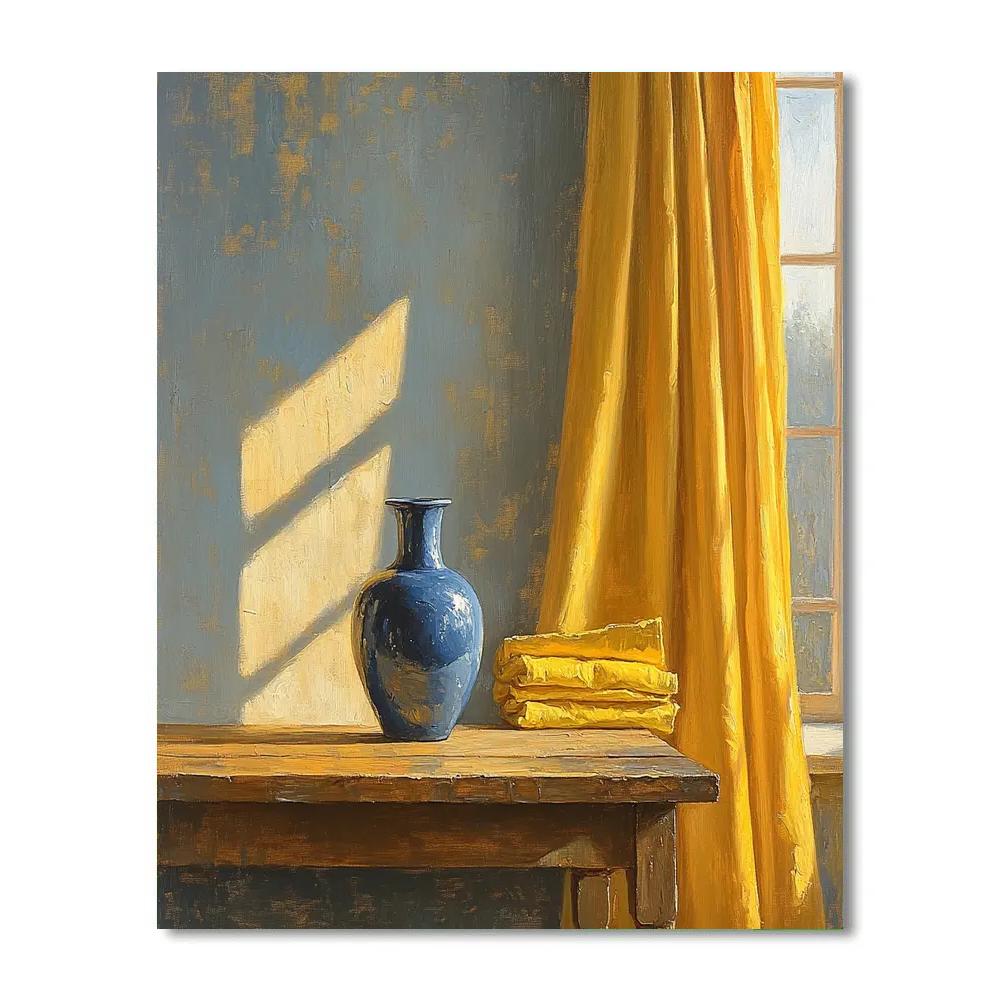 Johannes Vermeer Inspired Still Life With Blue Delft Vase And Yellow Curtains paint by number