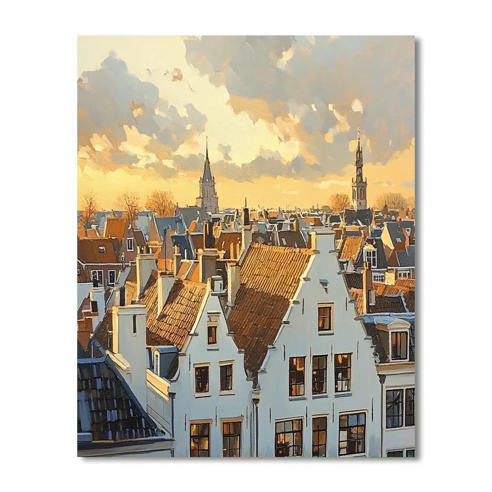 Johannes Vermeer Inspired Delft Rooftops At Golden Hour paint by color