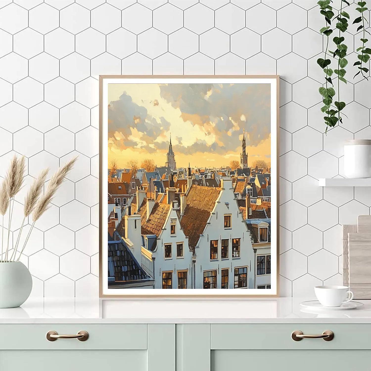 Johannes Vermeer Inspired Delft Rooftops At Golden Hour paint by color