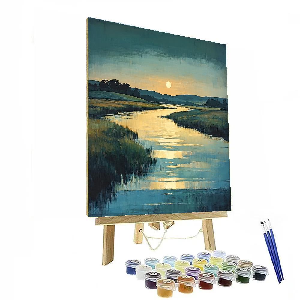 Hiroshige Inspired Evening River Lantern Glow paint by color