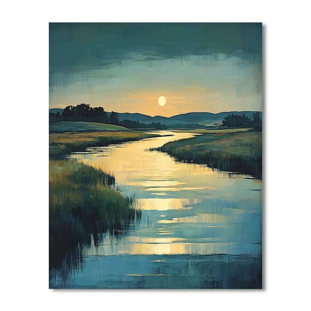 Hiroshige Inspired Evening River Lantern Glow paint by color