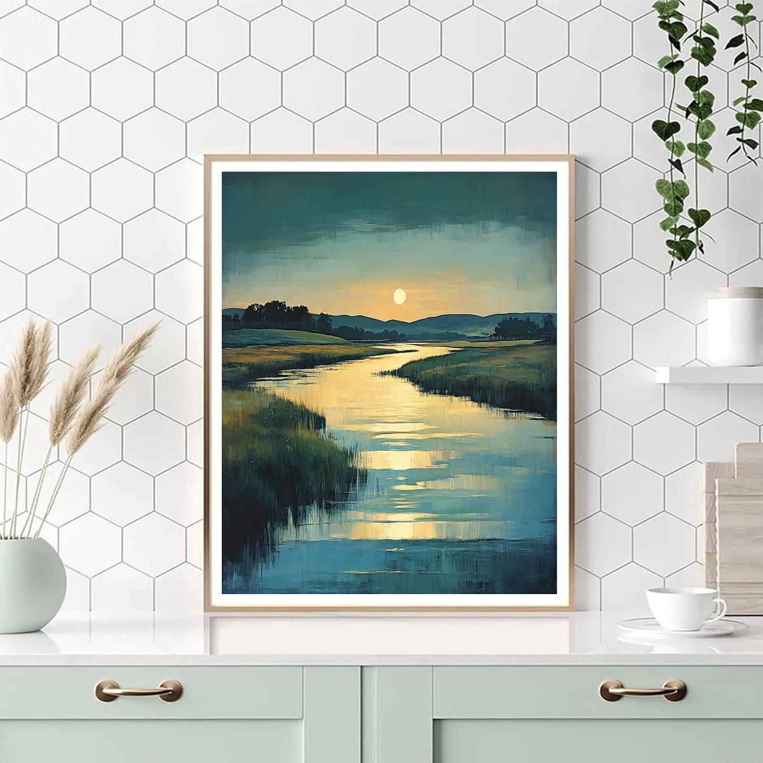 Hiroshige Inspired Evening River Lantern Glow paint by color