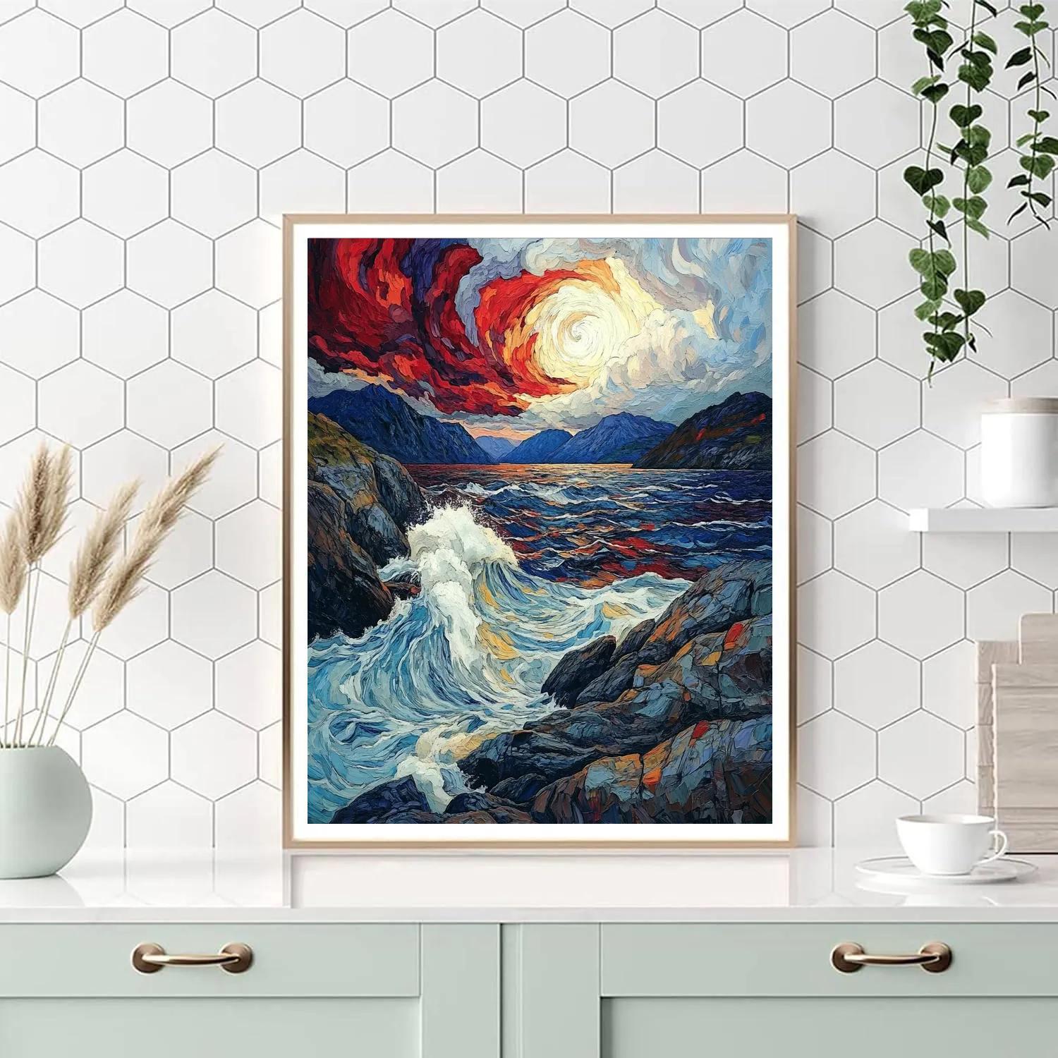 Edvard Munch Inspired Stormy Fjord Seascape paint by numbers