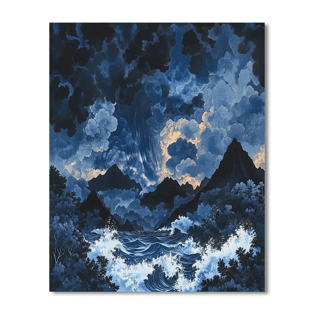 Hokusai Inspired Mountainous Storm paint by numbers