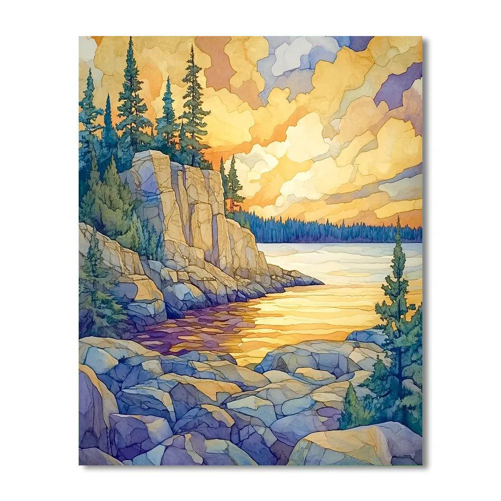 Franklin Carmichael Inspired Golden Sunset Over Granite Cliffs Painting by numbers kit