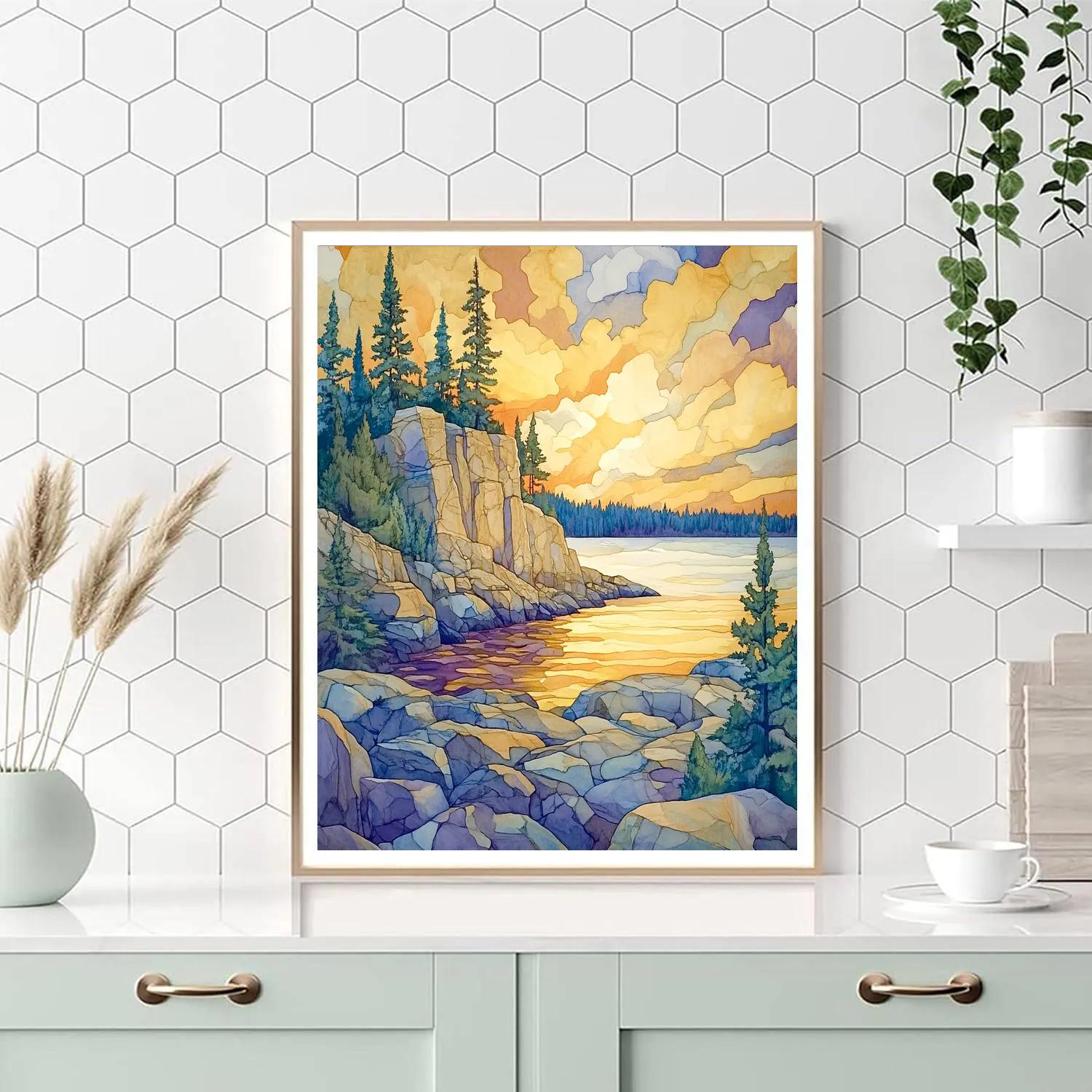 Franklin Carmichael Inspired Golden Sunset Over Granite Cliffs Painting by numbers kit