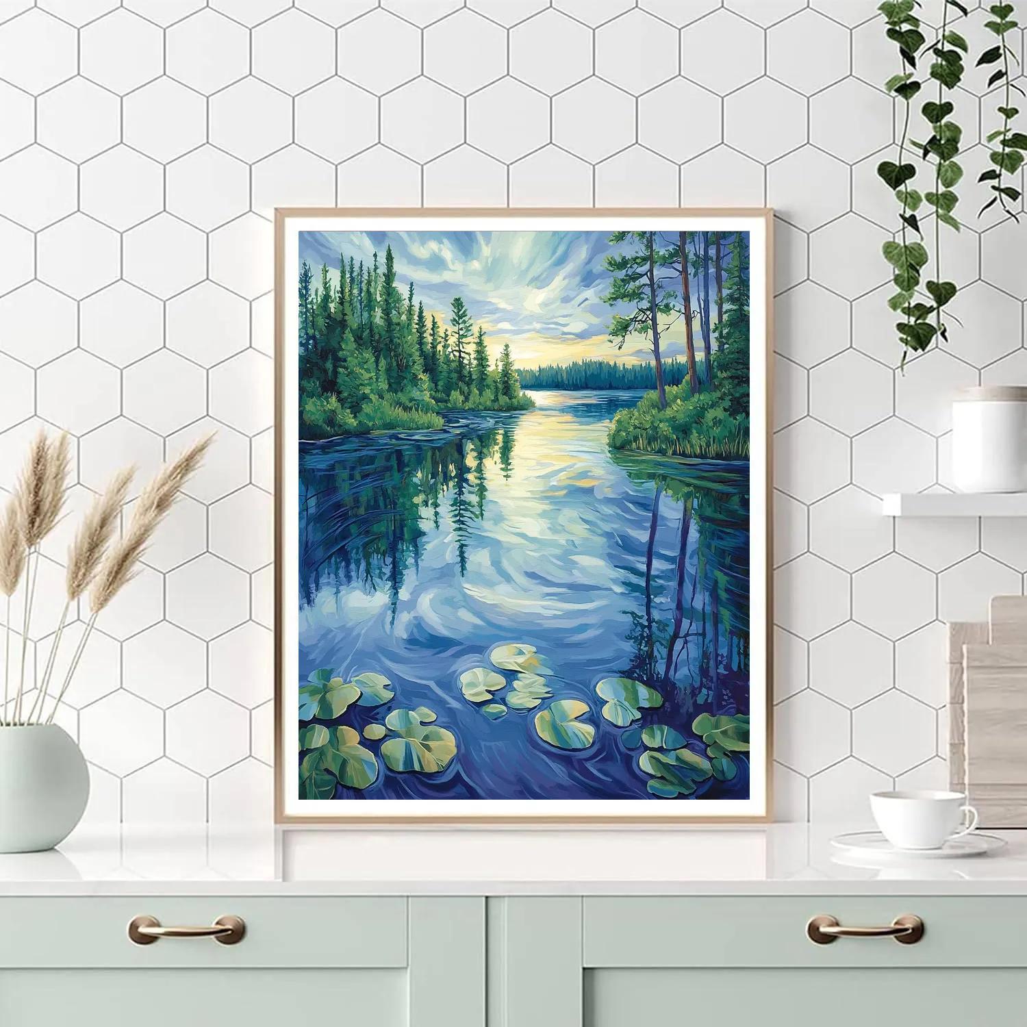 J. E. H. MacDonald Inspired Pine Framed Shimmering Lake Paint by numbers art