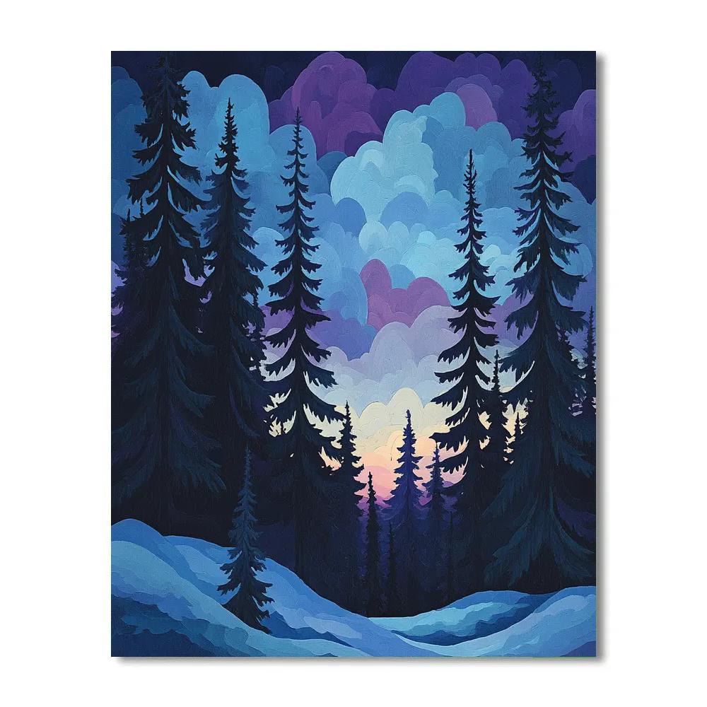 J. E. H. MacDonald Inspired Winter Pines Silhouetted Against Twilight DIY paint by numbers