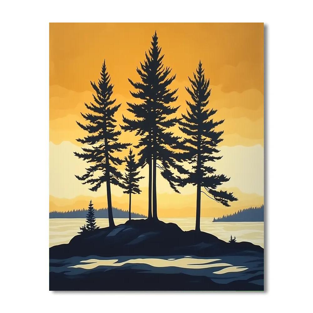 Lawren Harris Inspired Stark Pine Silhouettes Against Radiant Horizon paint by numbers