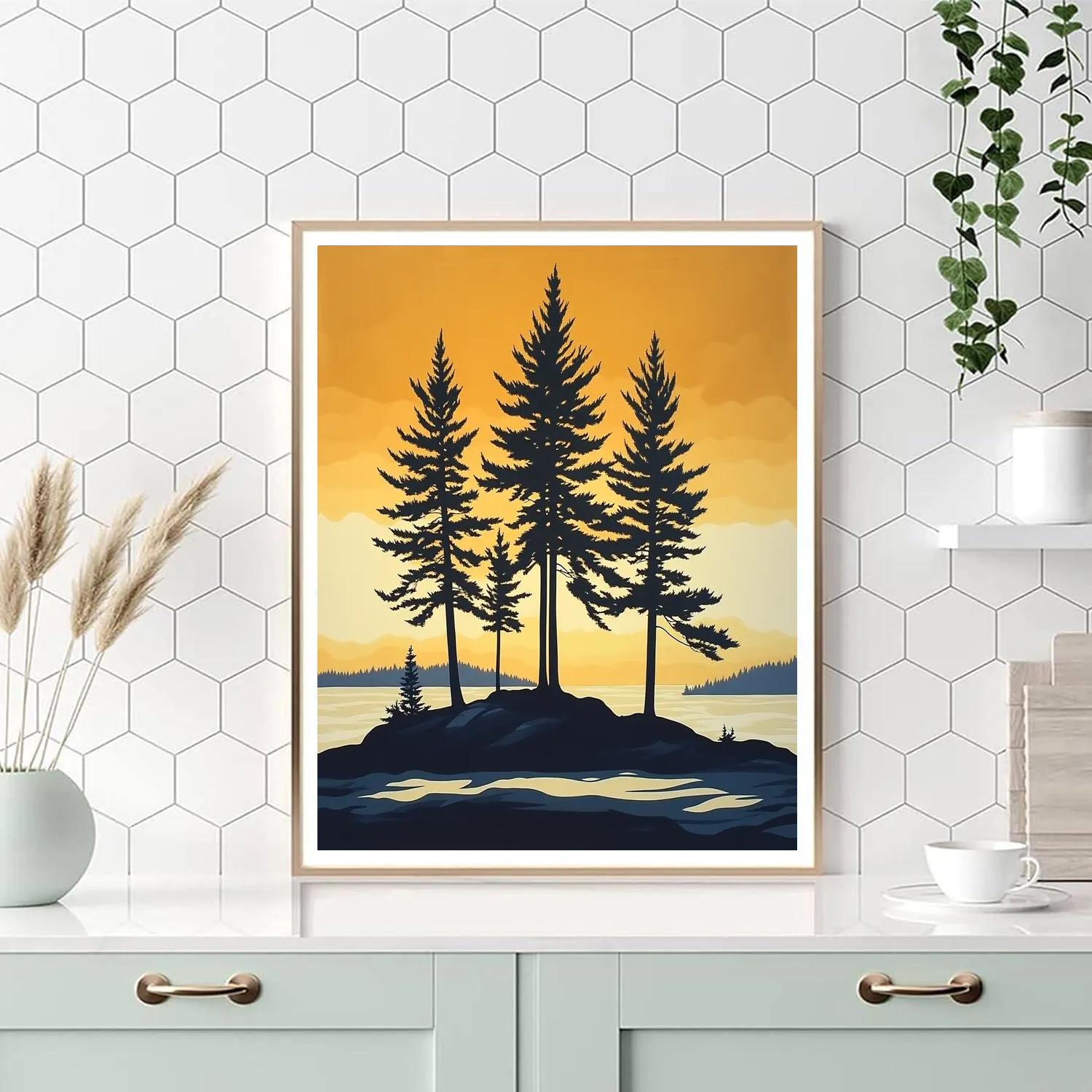 Lawren Harris Inspired Stark Pine Silhouettes Against Radiant Horizon paint by numbers