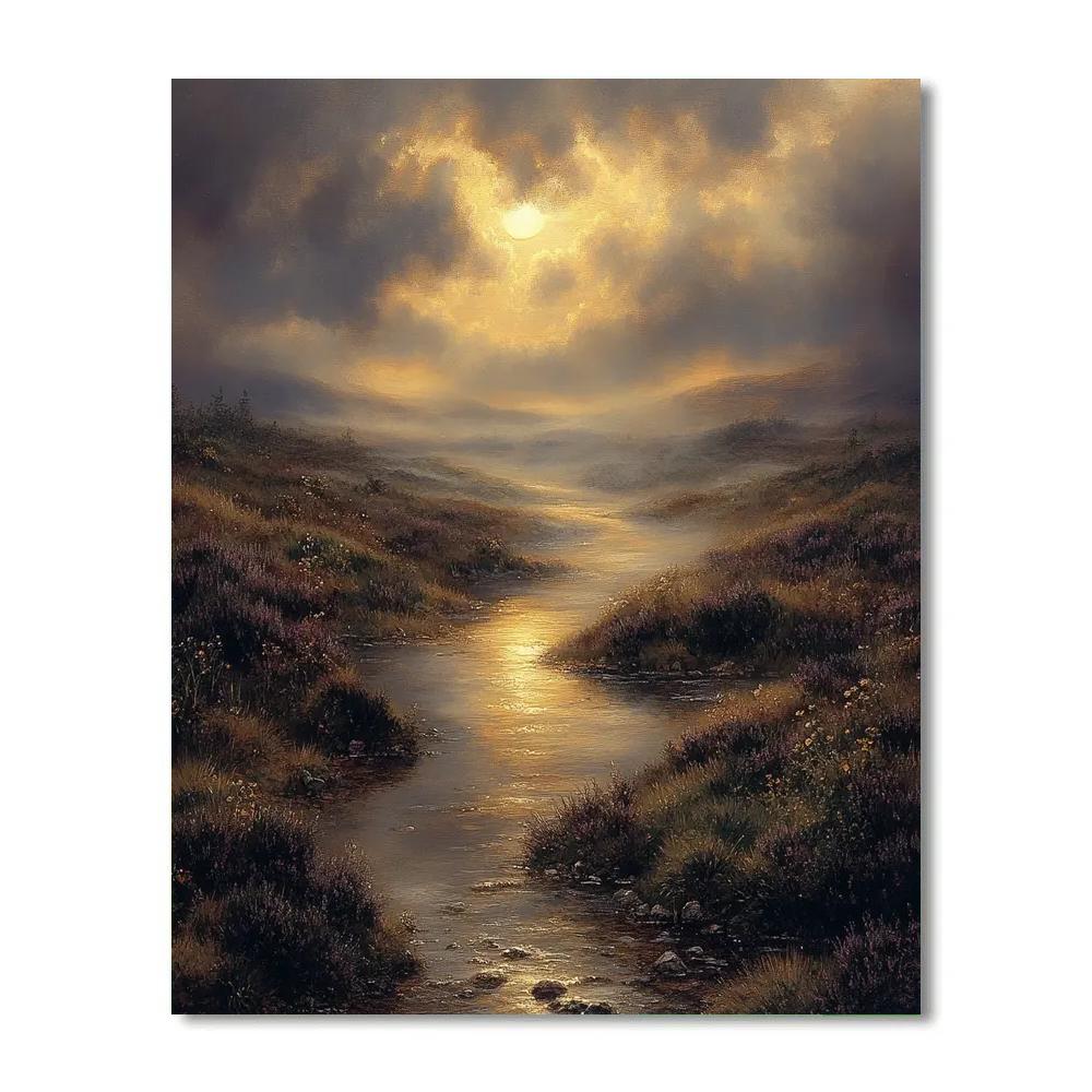 Rembrandt Inspired Sunlit River Bend In Misty Moorland painting number kit