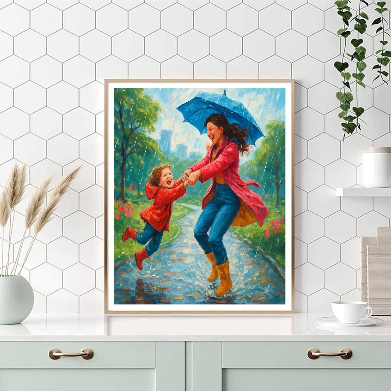 Mother And Child Dancing In The Rain Paint by numbers art