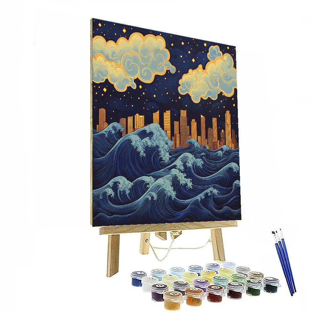 Hokusai Inspired Great Wave Citylights Paint by numbers art