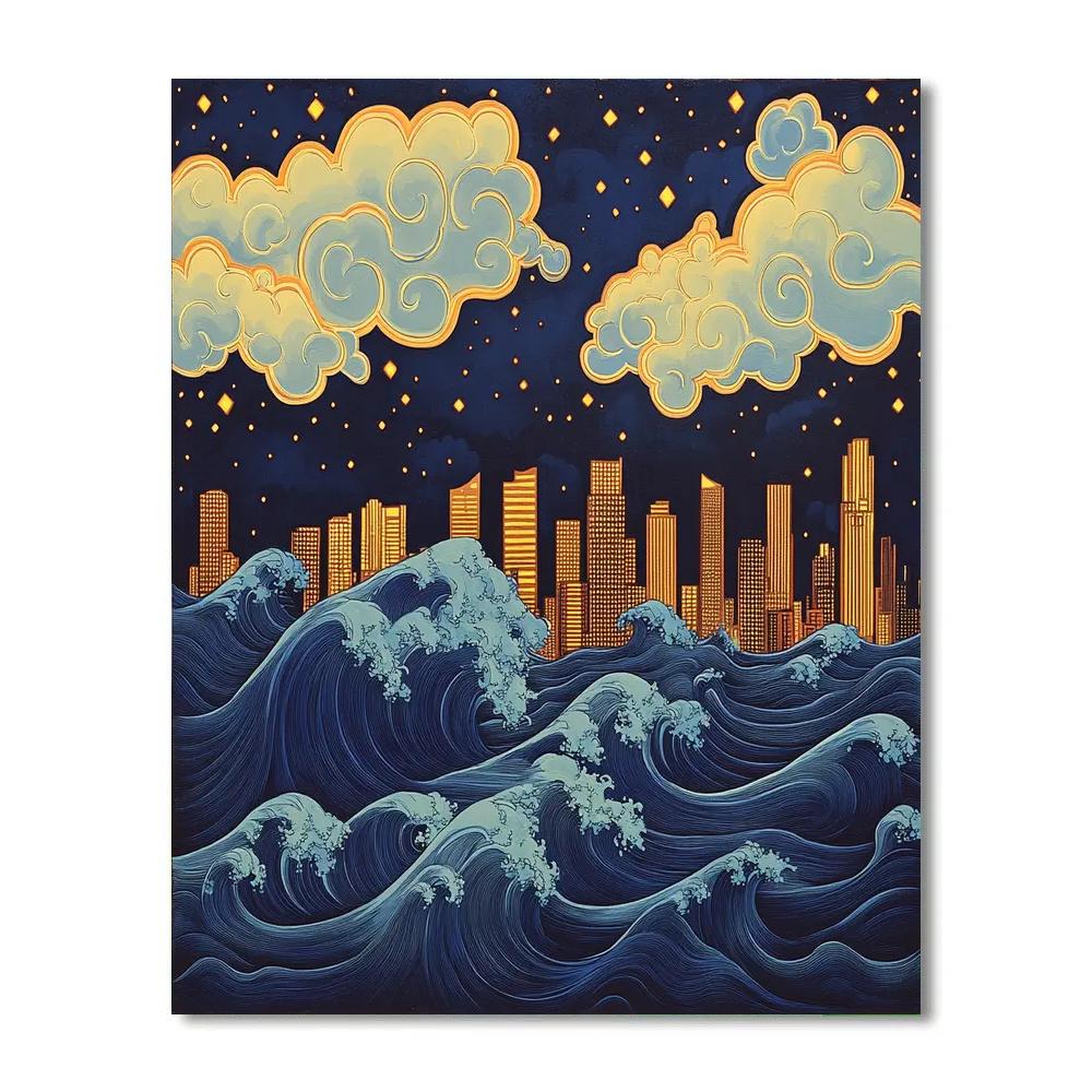 Hokusai Inspired Great Wave Citylights Paint by numbers art